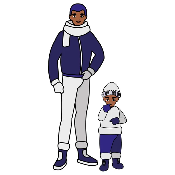 Zwarte vader en zoon met winter kleding — Stockvector