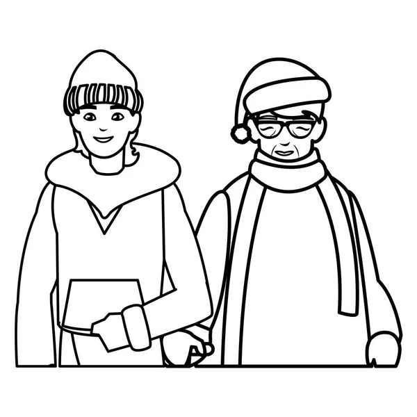 Χαριτωμένο παππού και κόρη με χειμωνιάτικα ρούχα — Διανυσματικό Αρχείο