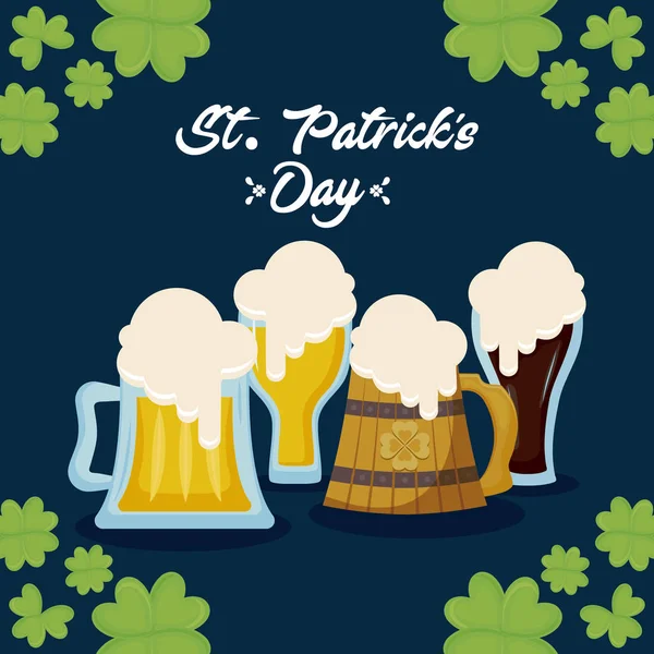 Bieren met klaverblaadjes van st patrick dag — Stockvector