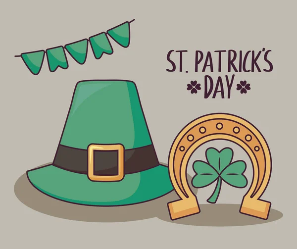 Leprechaun hat and horseshoe with clover of st patrick day — Stock Vector