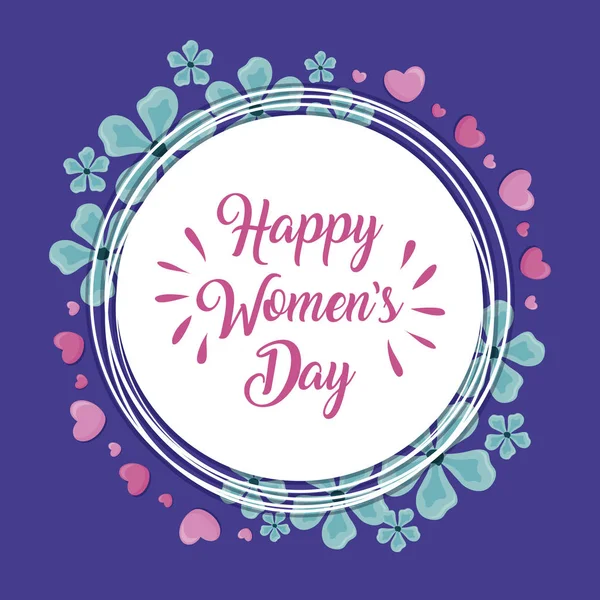Carte de jour femme heureuse avec cadre et fleurs — Image vectorielle
