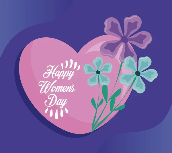 Tarjeta de día feliz de las mujeres con corazón y flores — Vector de stock