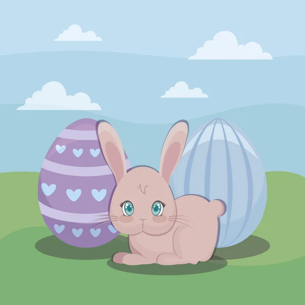 Joyeuse carte de Pâques avec lapin mignon et oeufs — Image vectorielle