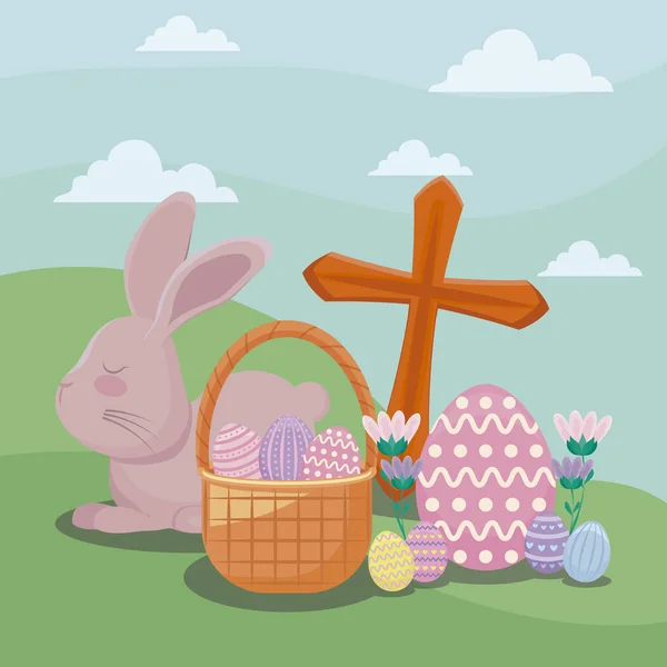 Carta giorno di Pasqua felice con simpatico coniglio e icone — Vettoriale Stock