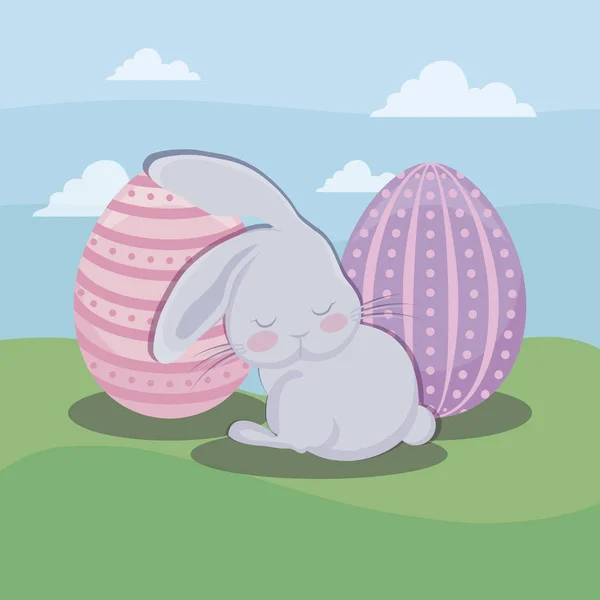 Joyeuse carte de Pâques avec lapin mignon et oeufs — Image vectorielle