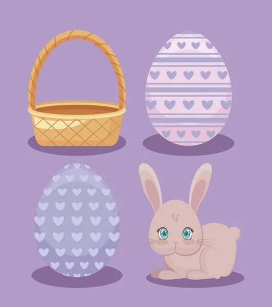 Schattig konijn met versierde eieren en mand rieten voor Pasen — Stockvector