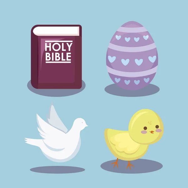 Biblia santa con huevos y animales lindos para el día de Pascua — Vector de stock