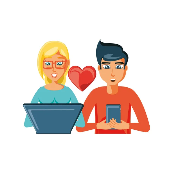 Young couple with technological devices and earth love — Stock Vector