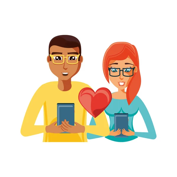 Young couple with smartphones and earth love — Stock Vector