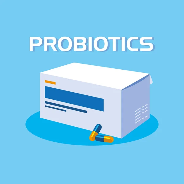 Låda med kapslar läkemedel probiotika — Stock vektor