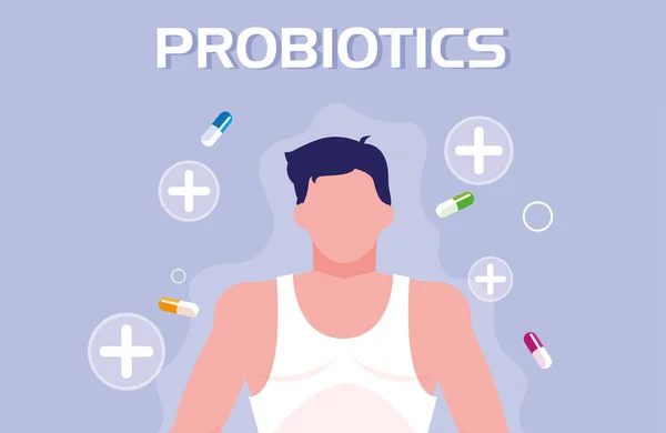 Corpo dell'uomo con capsule medicinali probiotici — Vettoriale Stock