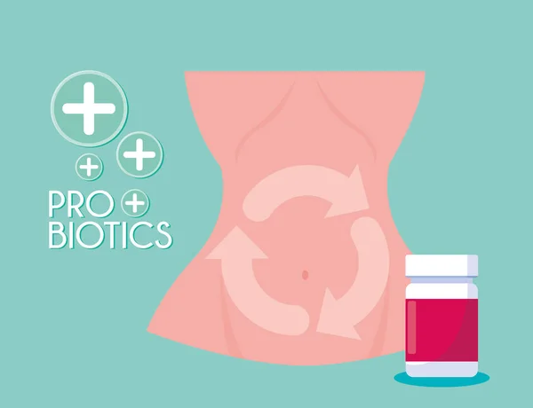 Tělo ženy se láhev léky probiotika — Stockový vektor