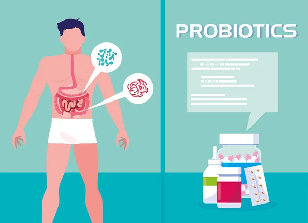 Cuerpo del hombre con medicamentos tratamientos — Archivo Imágenes Vectoriales