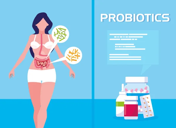 Tělo ženy s léky probiotika — Stockový vektor