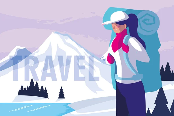 Snowscape nature with traveler — Stock Vector