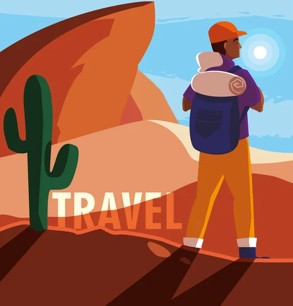 Paysage désertique avec voyageur — Image vectorielle