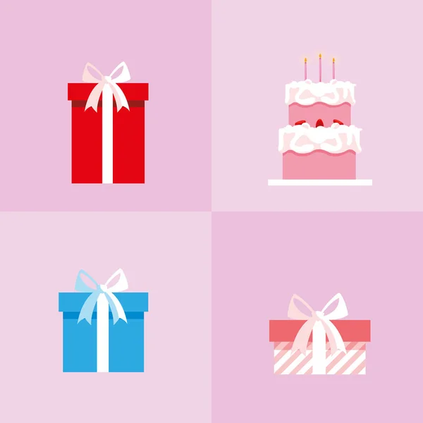Conjunto de caixas de presentes e bolo doce — Vetor de Stock