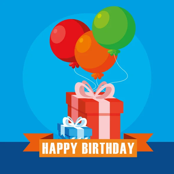 Všechno nejlepší k narozeninám karta s dary polí a balónky helium — Stockový vektor