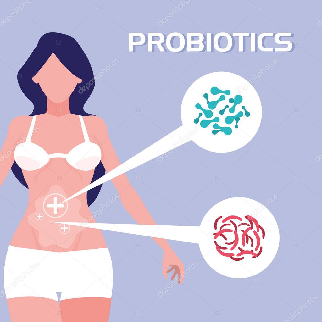 body of woman with probiotics organisms