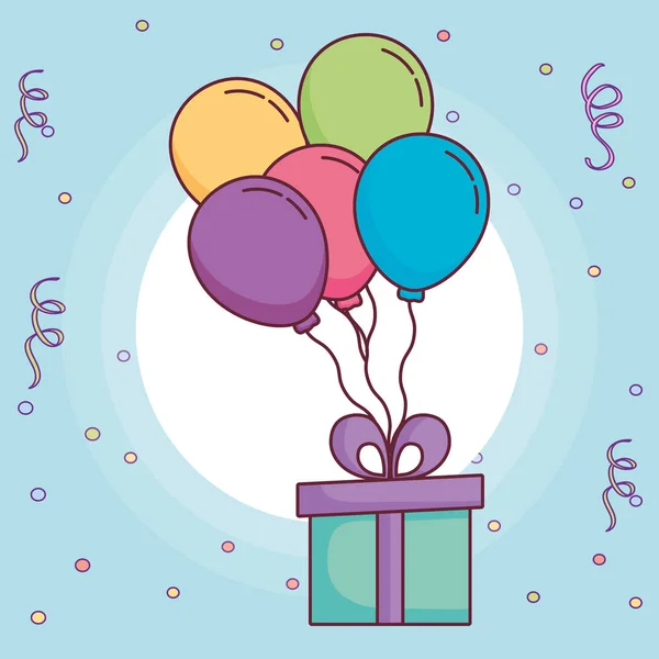 Gift box present with balloons helium — Stock Vector