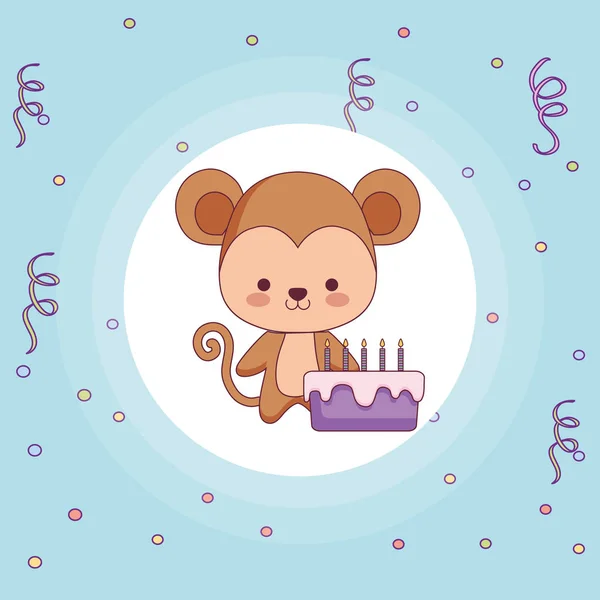 Cute and little monkey with sweet cake — Stock Vector