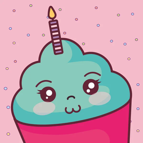 Süße Cupcake mit Kerze Kawaii Charakter — Stockvektor