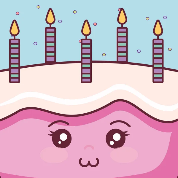 Dulce pastel de cumpleaños con velas kawaii — Vector de stock