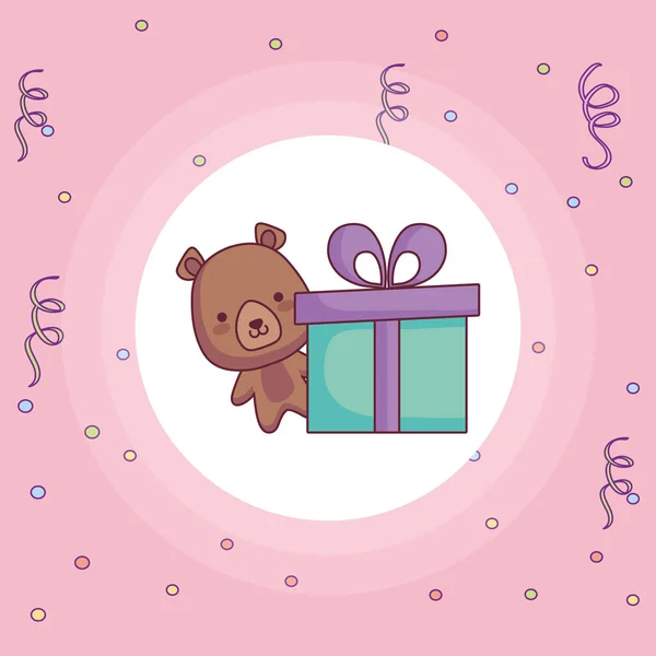 Lindo y pequeño oso con caja de regalo — Vector de stock