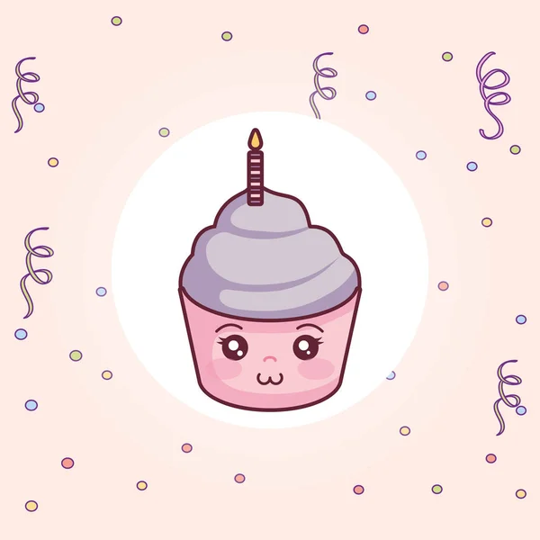 Süße Cupcake mit Kerze Kawaii Charakter — Stockvektor