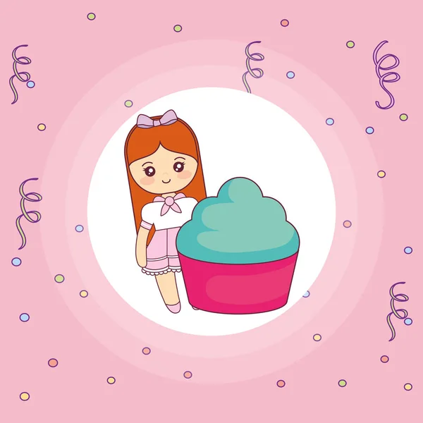 Mignonne et petite fille avec cupcake doux — Image vectorielle