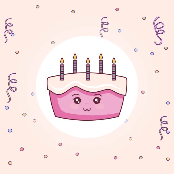 Dulce pastel de cumpleaños con velas kawaii — Vector de stock