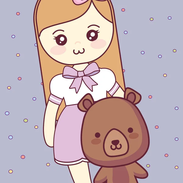 Lindo y pequeño oso con chica — Vector de stock