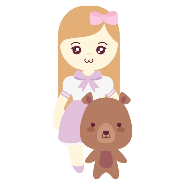Bonito e pequeno urso com menina — Vetor de Stock