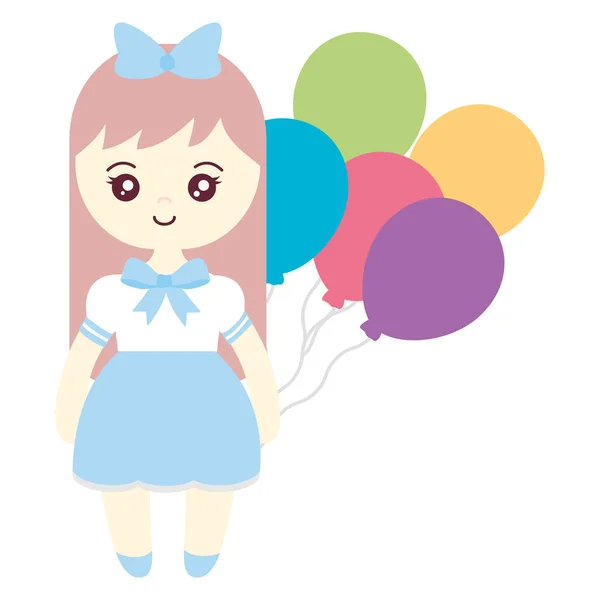 Linda y pequeña niña con globos de helio — Vector de stock