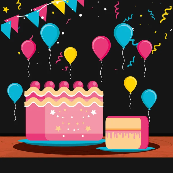 Торт на день рождения с шариками гелия — стоковый вектор