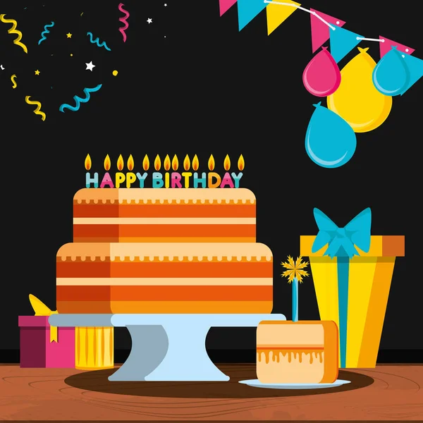 Bolo Aniversário Com Presentes Velas Design Ilustração Vetorial — Vetor de Stock