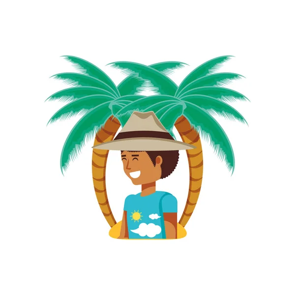 Turist man med hatt och palmer — Stock vektor