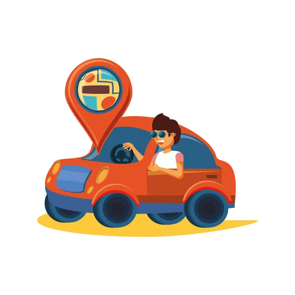 Man driving tourism little car with gps pin — Stock Vector