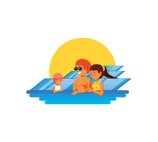 Familia en la piscina escena de lujo — Vector de stock