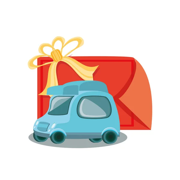 Pequeño coche de entrega con sello de regalo — Vector de stock