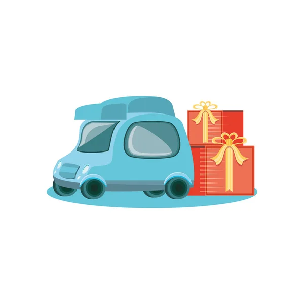 Pequeño coche de entrega con cajas de regalos — Vector de stock