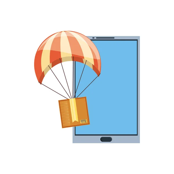 Smartfon z kartonu opakowania w spadochron dostawy usług — Wektor stockowy