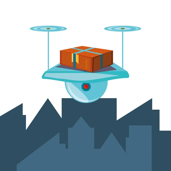 Tecnologia drone con scatola di cartone in paesaggio urbano — Vettoriale Stock