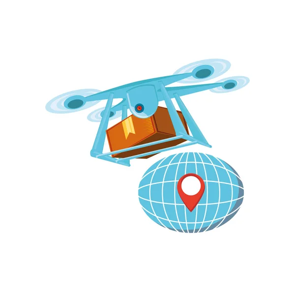 Tecnologia drone con scatola di cartone e pianeta sfera — Vettoriale Stock