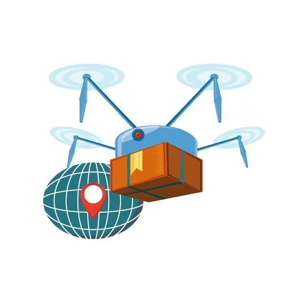 Tecnología de drones con caja de cartón y planeta esfera — Vector de stock