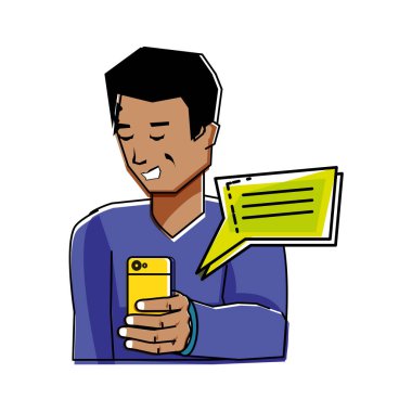 Genç adam akıllı telefon konuşma balonu ile kullanma