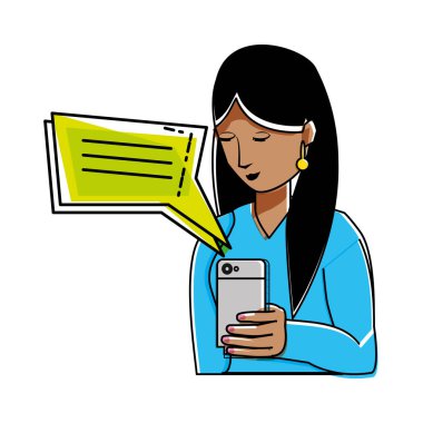 Kadın konuşma baloncuğu ile akıllı telefon kullanıyor