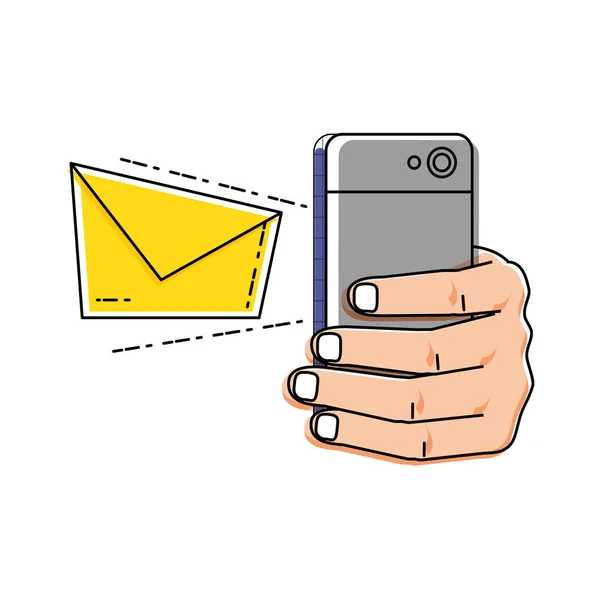 Mano usando teléfono inteligente con correo electrónico sobre — Vector de stock