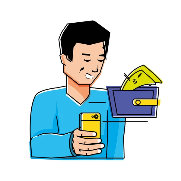 Jeune homme utilisant un smartphone avec portefeuille et factures — Image vectorielle