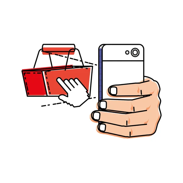 Main en utilisant smartphone avec panier — Image vectorielle